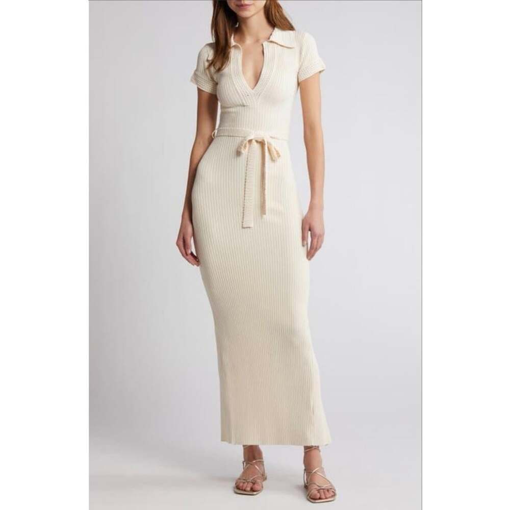Joie Ribbed Knit Maxi Midi Dress Cream Belted Collared Side Slit Size Medium